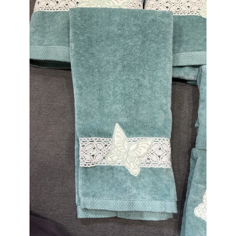Vintage Butterfly Set 2 Wash Cloth 2 Hand 2 Bath‎ Lot Teal Blue Good Condition